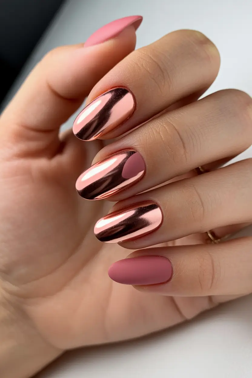 spring oval nails Rose Chrome Accent for Modern Oval Nail Designs