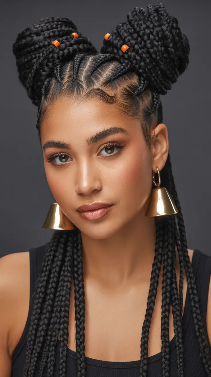 spring hairstyle black women Playful Double Braided Buns With Long Braids