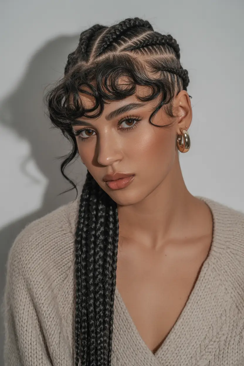 spring hairstyle black women Side Braided Cornrows With Soft Curly Bangs