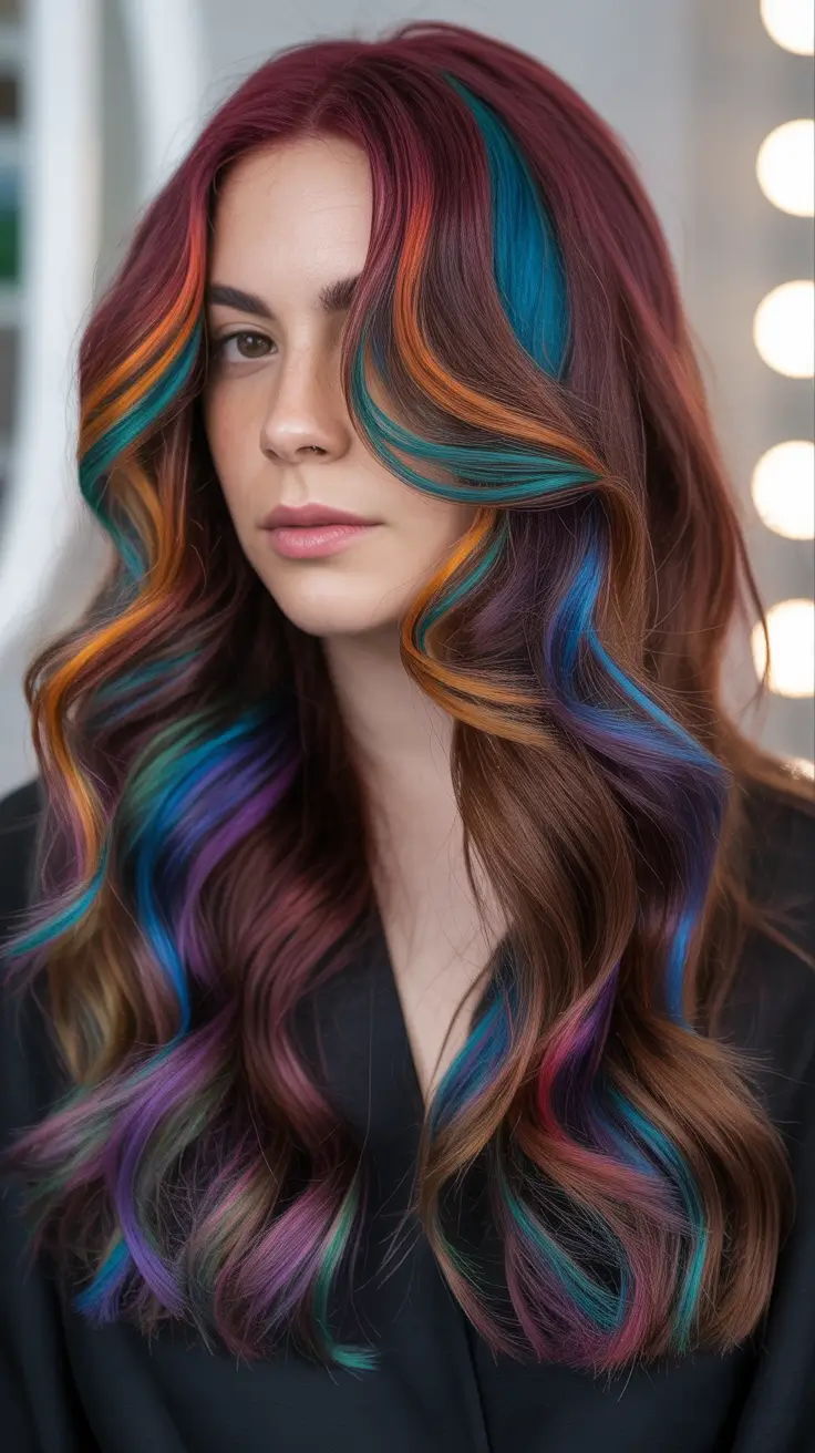 spring to summer season hair color ideas 2026 Multicolor Ribbon Highlights Through Deep Brunette Waves