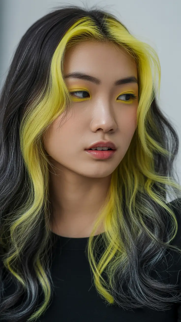 spring to summer season hair color ideas 2026 Acid Lemon Highlights Through Smoky Black Waves