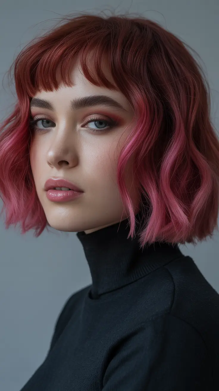 spring to summer season hair color ideas 2026 Soft Berry Pink Bob With Modern Fringe