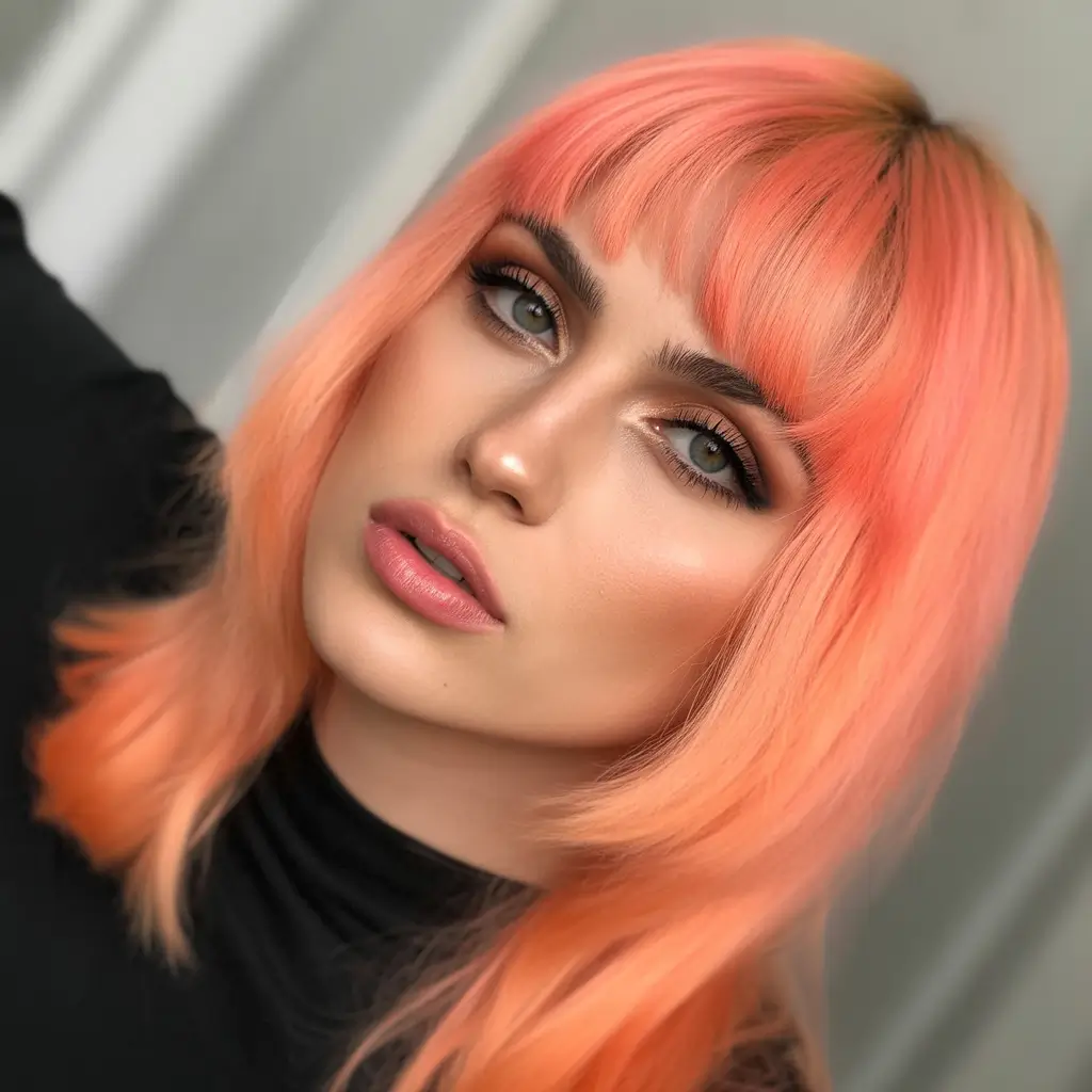 spring to summer season hair color ideas 2026 Peach Glow Blunt Cut With Soft Shine Finish