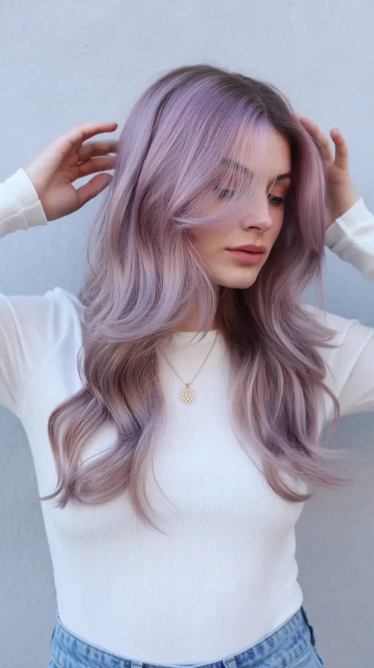 spring to summer season hair color ideas 2026 Muted Lavender Waves With Silky Dimension