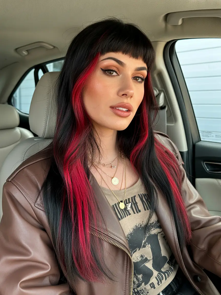 spring to summer season hair color ideas 2026 Midnight Brunette With Crimson Statement Streaks