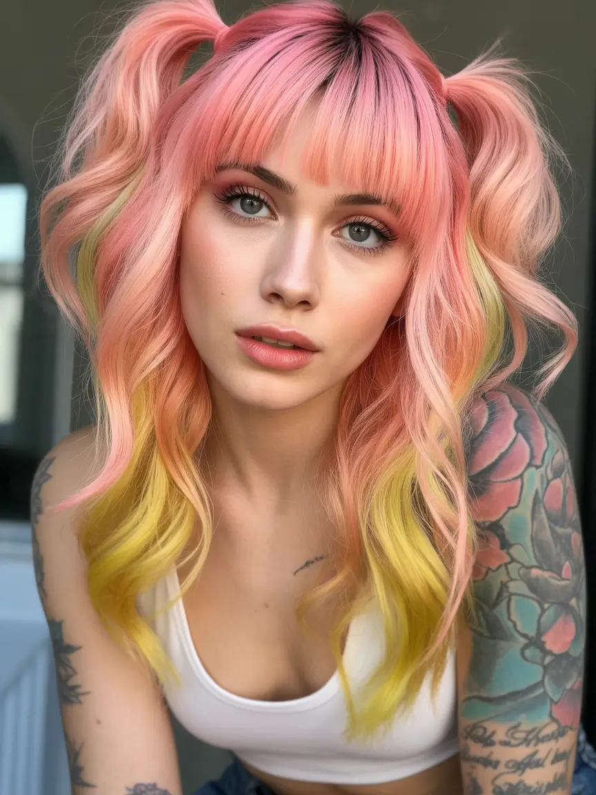 spring to summer season hair color ideas 2026 Peach Lemon Dual Tone With Playful Volume