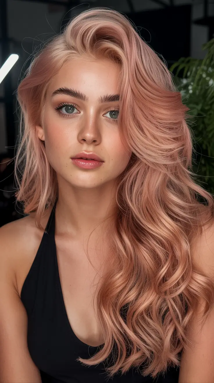 spring to summer season hair color ideas 2026 Glossy Rose Gold Waves With Soft Volume