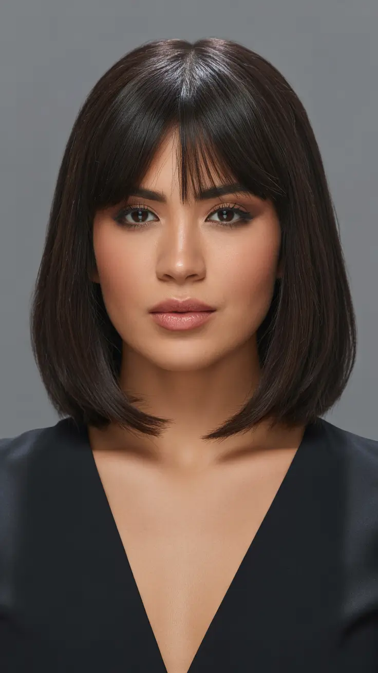 spring to summer season hair color ideas 2026 Sleek Espresso Bob With Soft Bangs