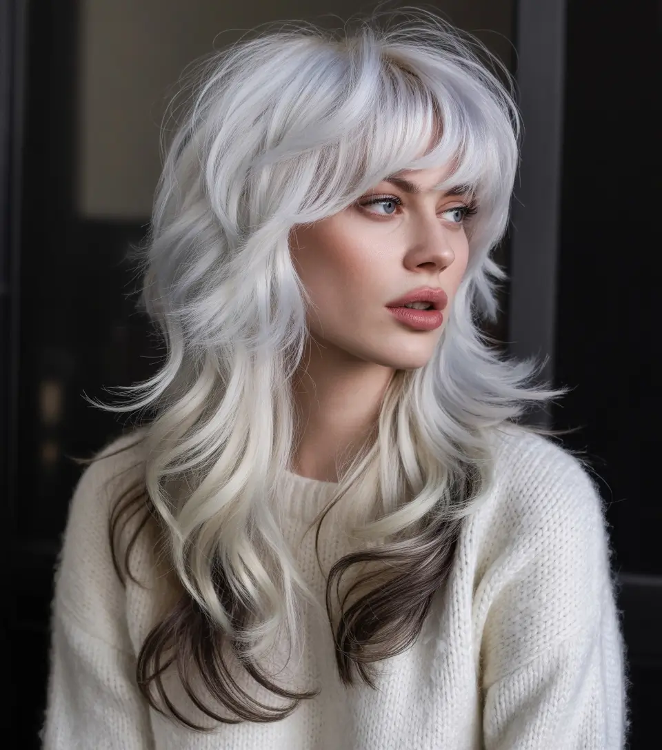 spring to summer season hair color ideas 2026 Icy Silver Blonde Layers With Modern Contrast