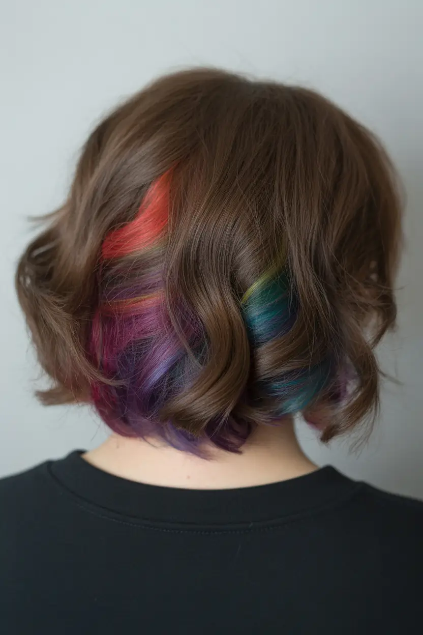 spring to summer season hair color ideas 2026 Hidden Rainbow Panels Beneath a Soft Brunette Bob