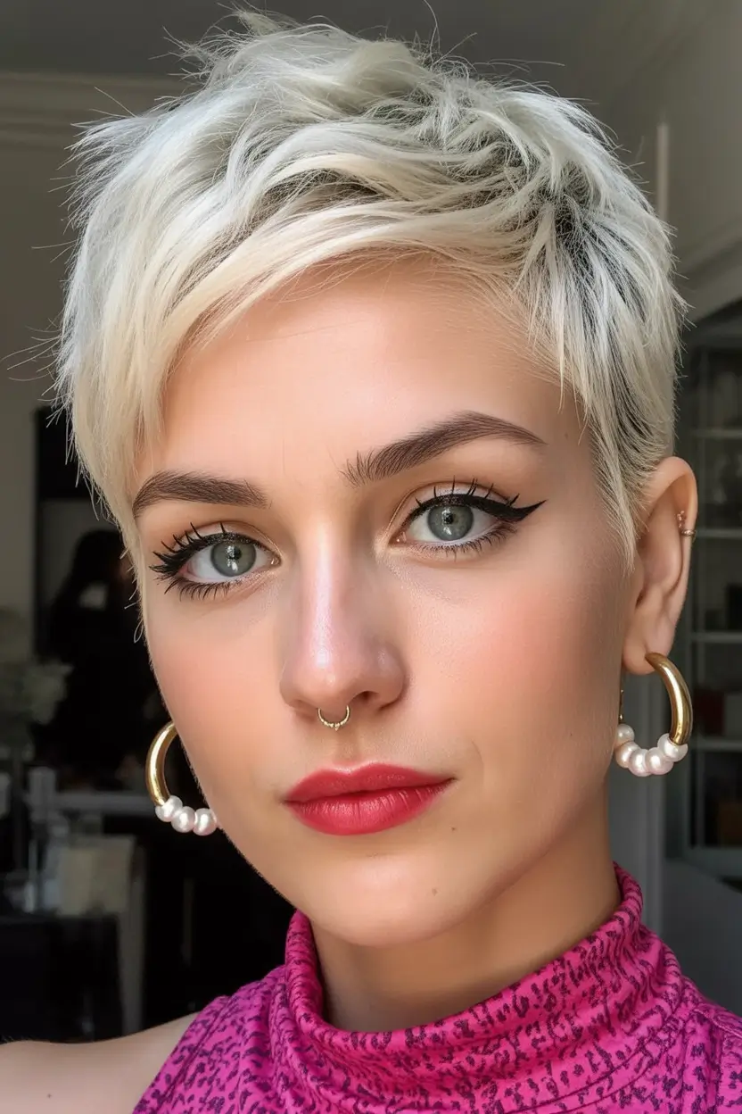 spring to summer season haircuts ideas 2026 Soft Platinum Pixie With Feminine Texture