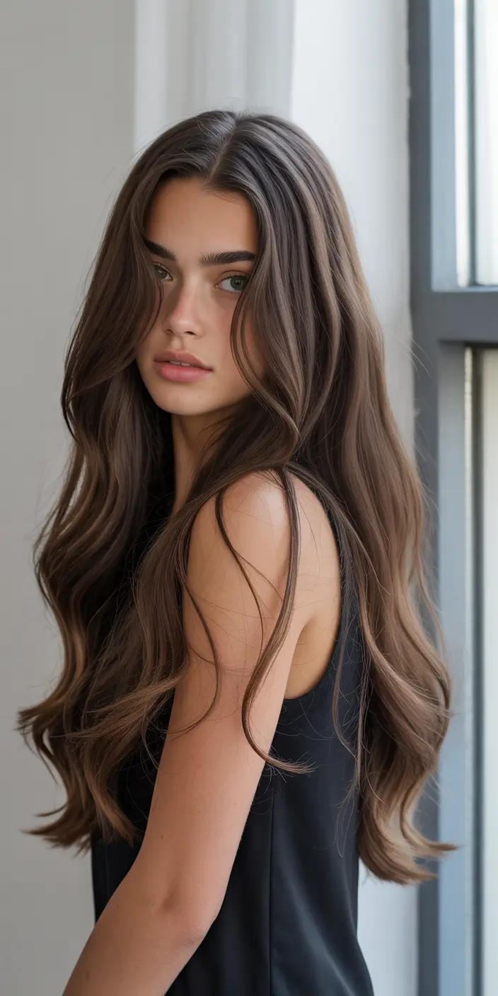 spring to summer season haircuts ideas 2026 Long Glossy Brunette Layers With Natural Flow