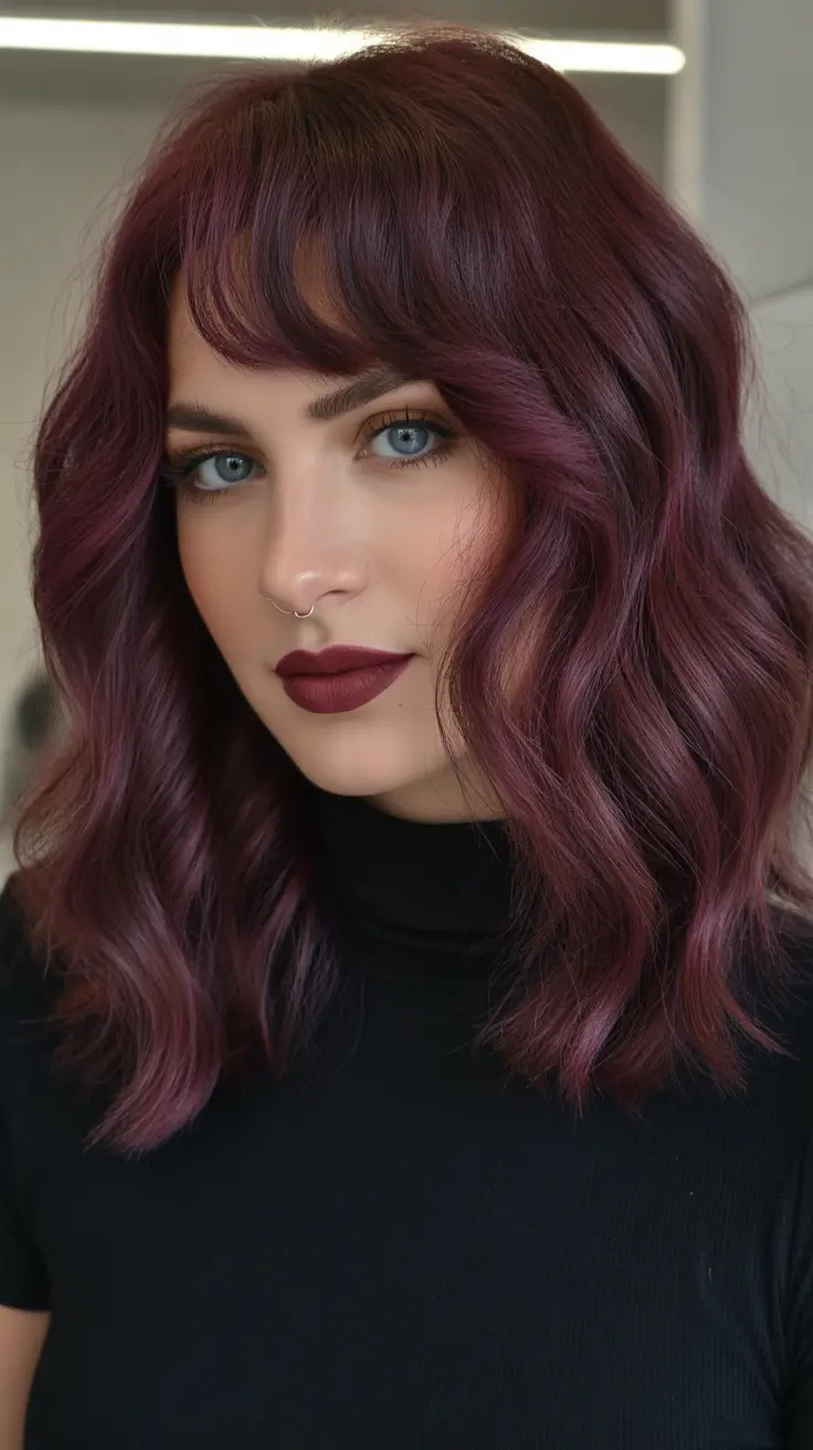 spring to summer season haircuts ideas 2026 Rich Burgundy Waves With Soft Fringe