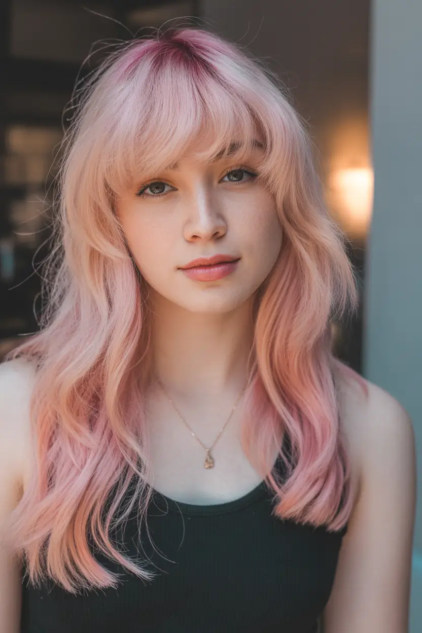 spring to summer season haircuts ideas 2026 Soft Pastel Pink Layers With Wispy Bangs