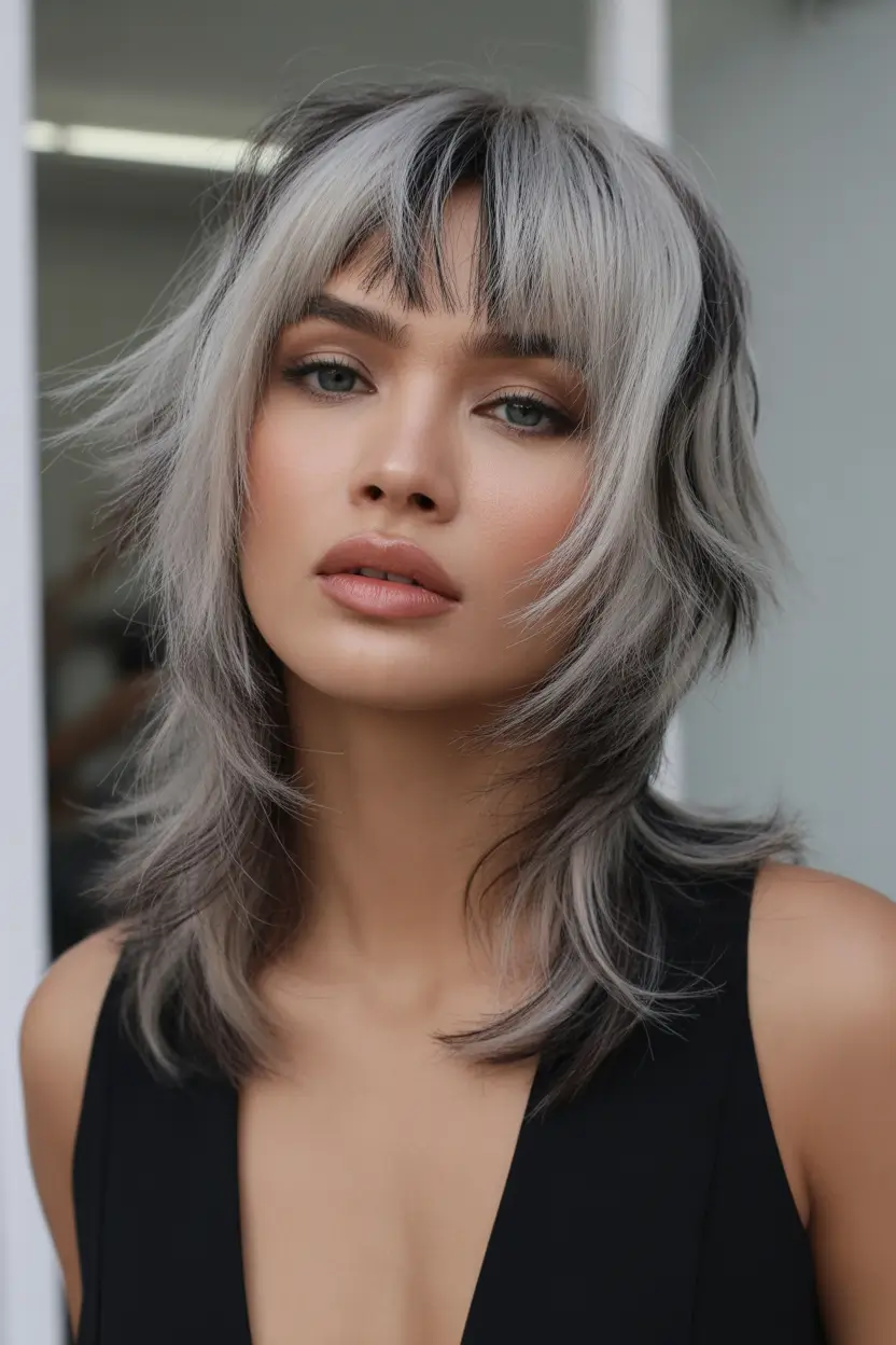 spring to summer season haircuts ideas 2026 Silver Layered Shag With Face Framing Texture