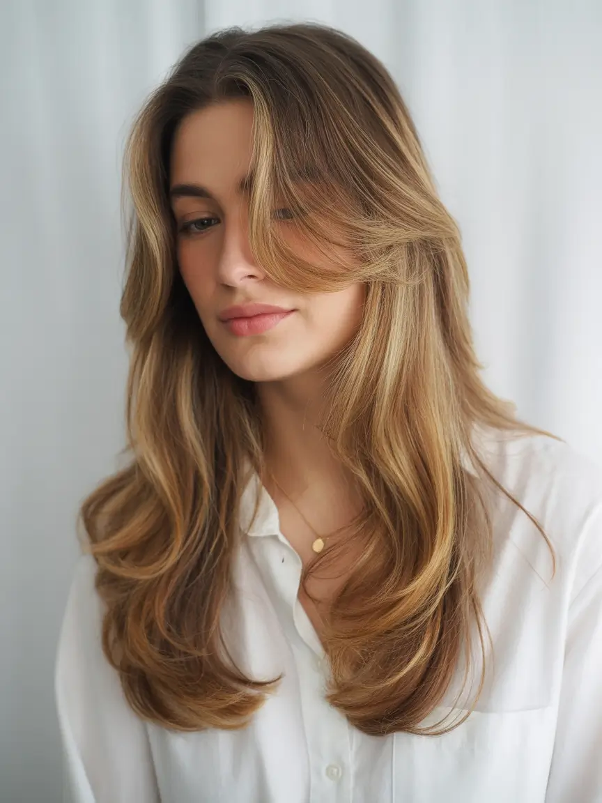 spring to summer season haircuts ideas 2026 Soft Caramel Long Layers With Blowout Finish