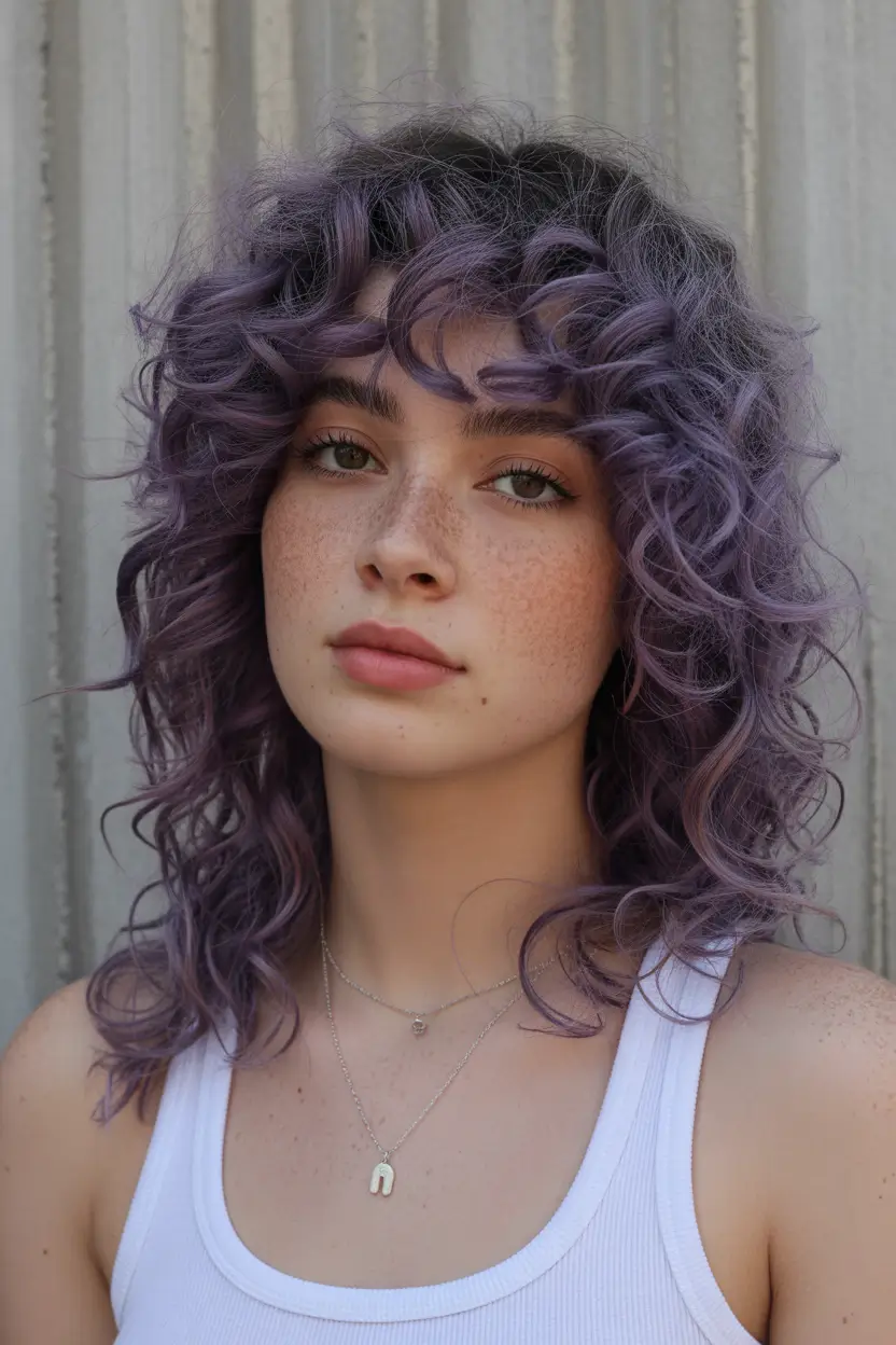 spring to summer season haircuts ideas 2026 Curly Lavender Shag With Playful Volume
