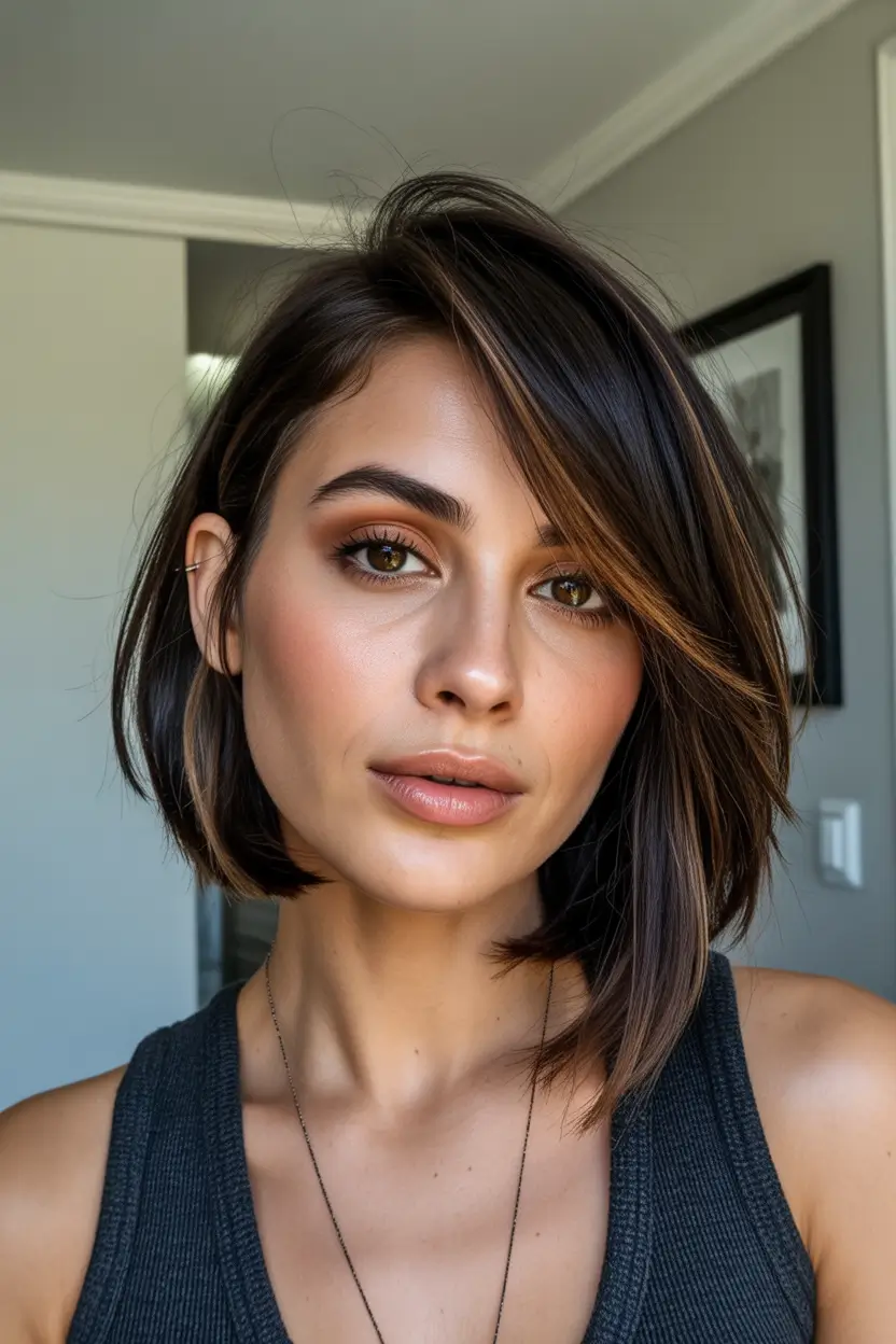 spring to summer season haircuts ideas 2026 Soft Angled Brunette Bob With Natural Dimension
