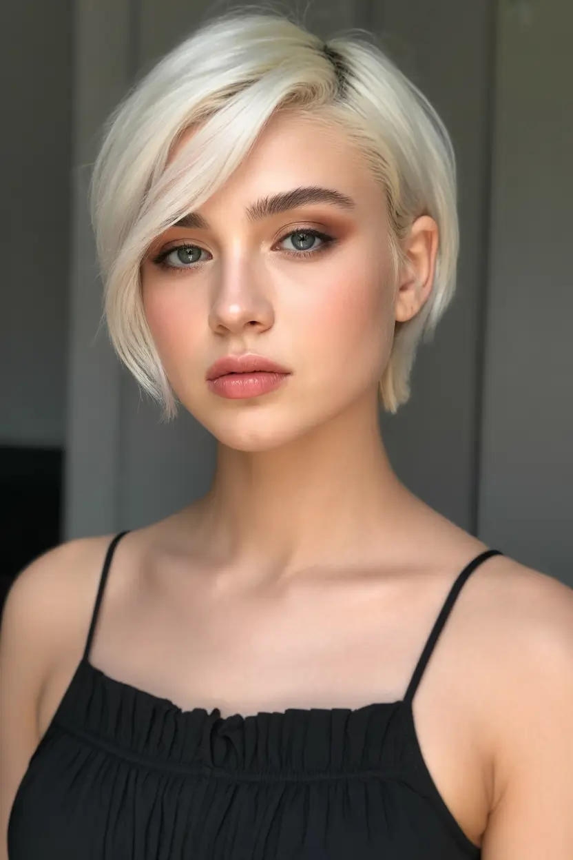 spring to summer season haircuts ideas 2026 Sleek Platinum Side Part Bob