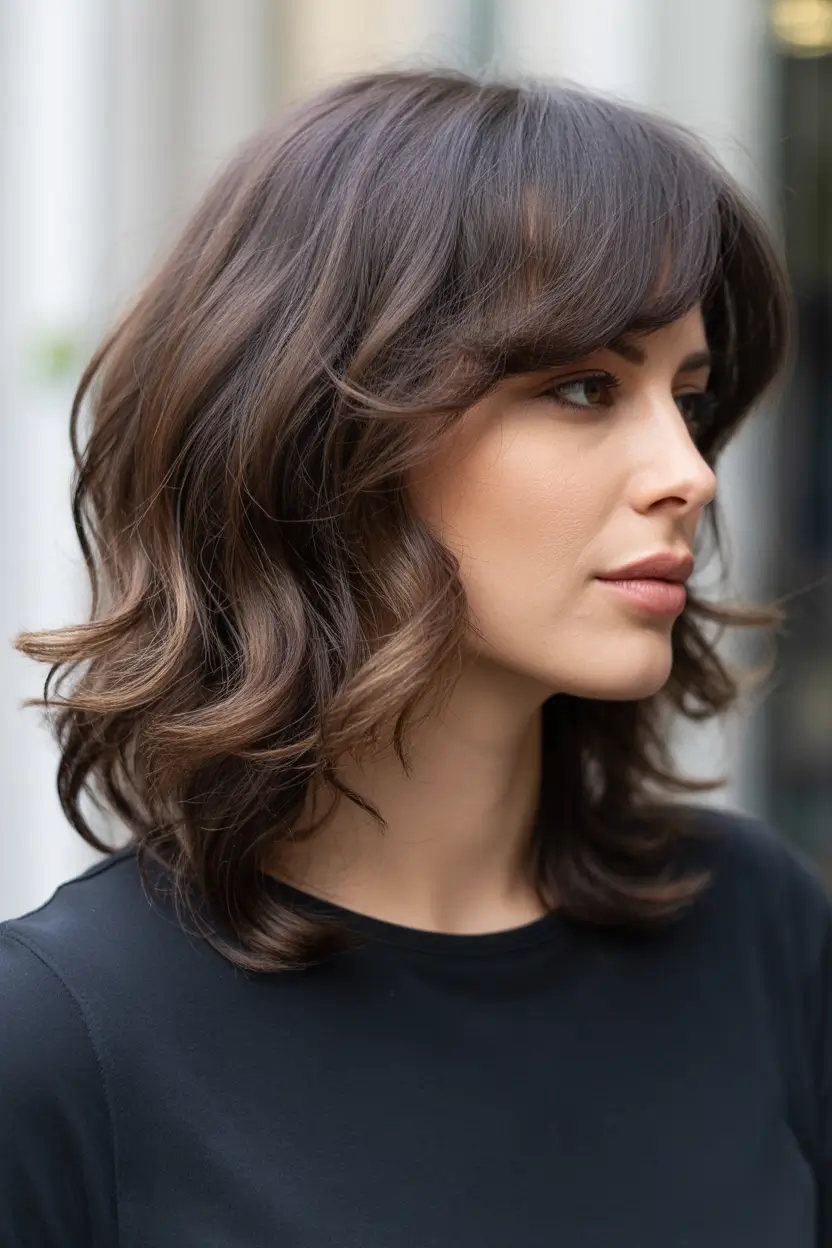 spring to summer season haircuts ideas 2026 Layered Brunette Midi With Soft Curtain Fringe