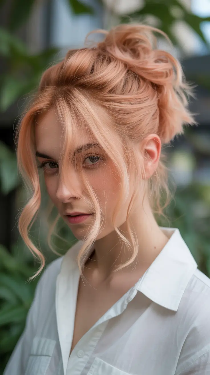 spring to summer season hairstyles ideas 2026 Soft Peach Romantic Updo With Loose Face-Framing Pieces