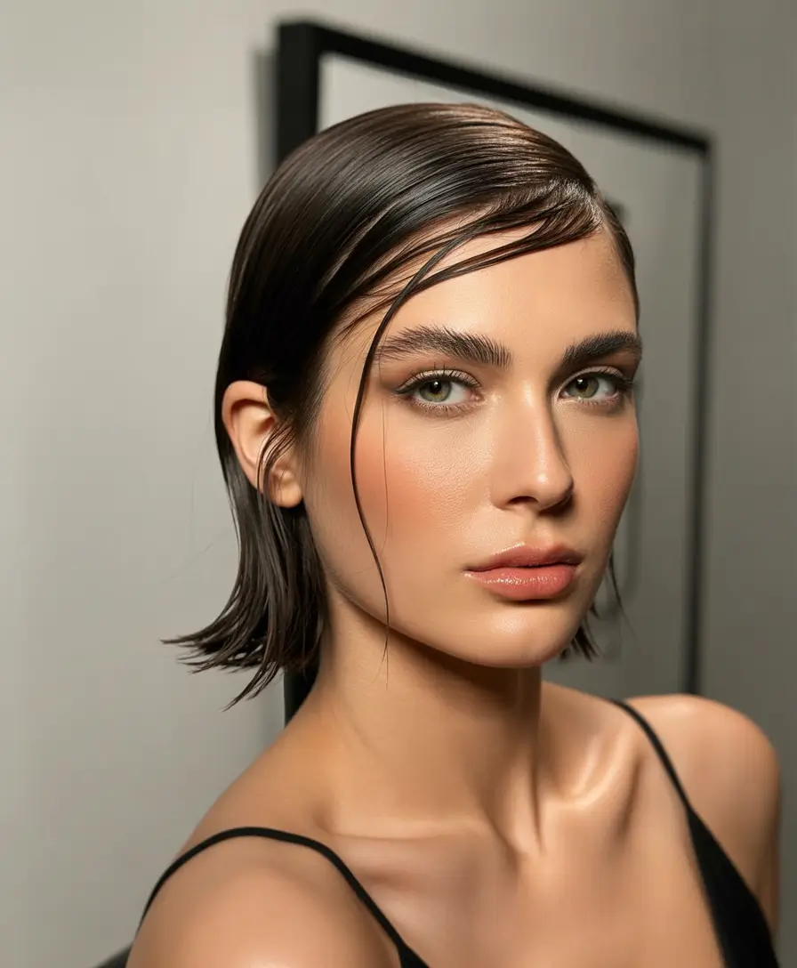 spring to summer season hairstyles ideas 2026 Sleek Wet Look Bob With Minimalist Shine
