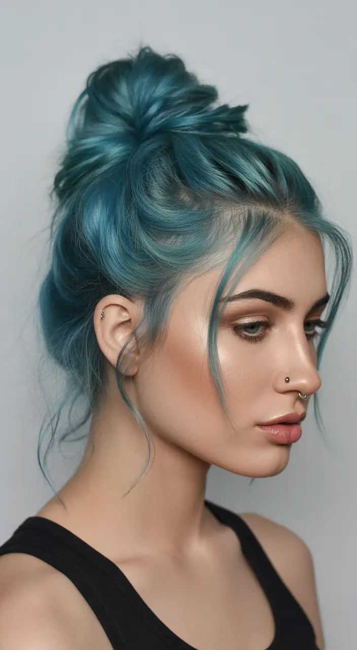 spring to summer season hairstyles ideas 2026 Teal Textured High Bun With Soft Face-Framing Pieces