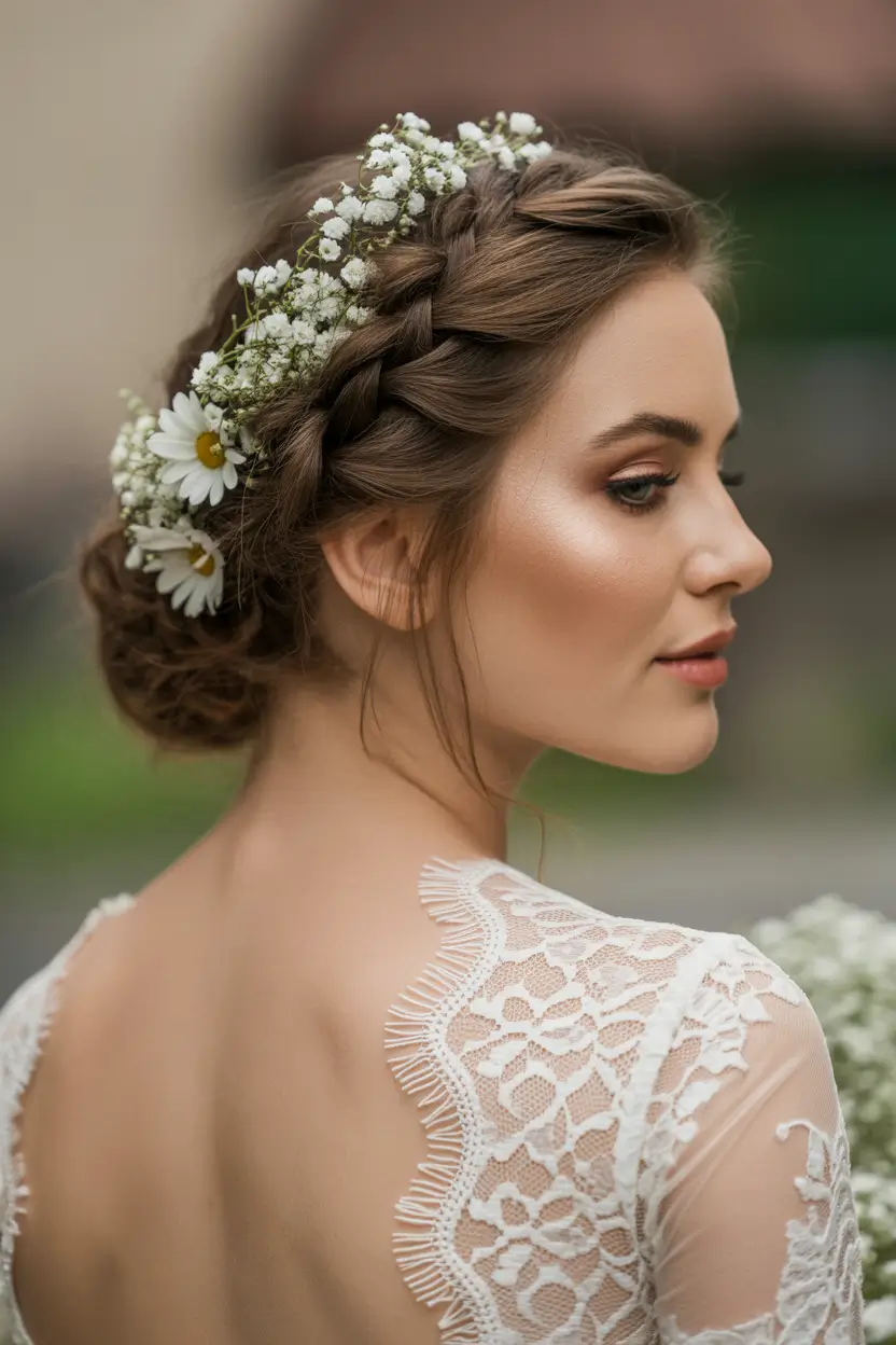 spring to summer season hairstyles ideas 2026 Romantic Braided Low Bun With Fresh Floral Accents