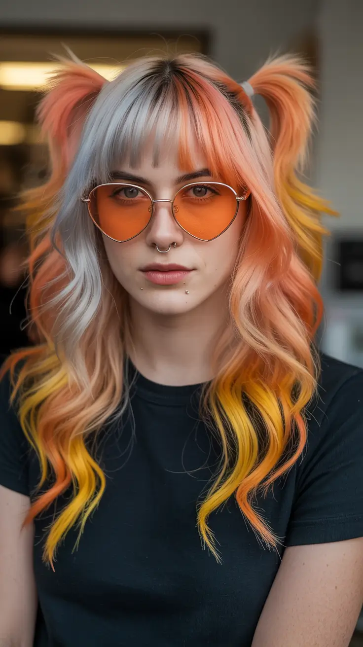spring to summer season hairstyles ideas 2026 Playful Split-Tone Pigtails With Sunset Color Melt