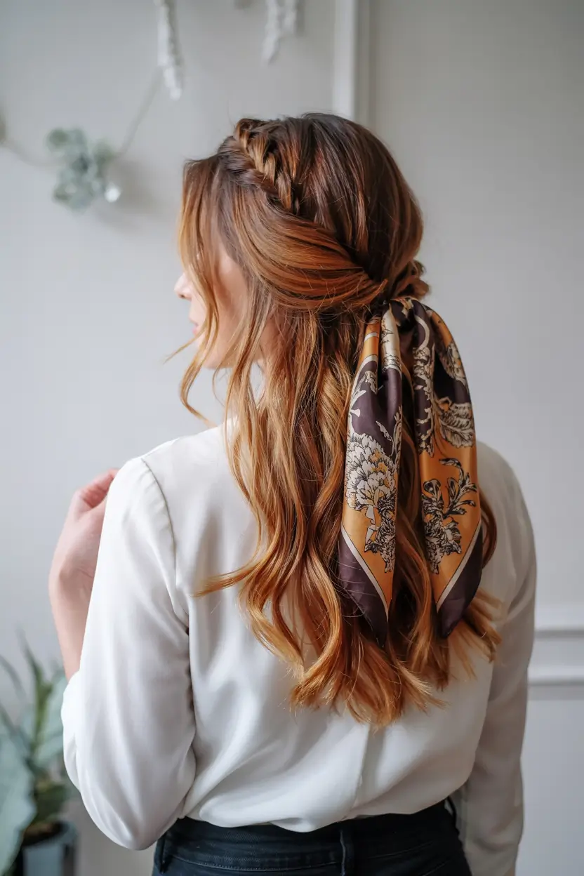 spring to summer season hairstyles ideas 2026 Loose Braided Half-Up Style With Silk Scarf Accent
