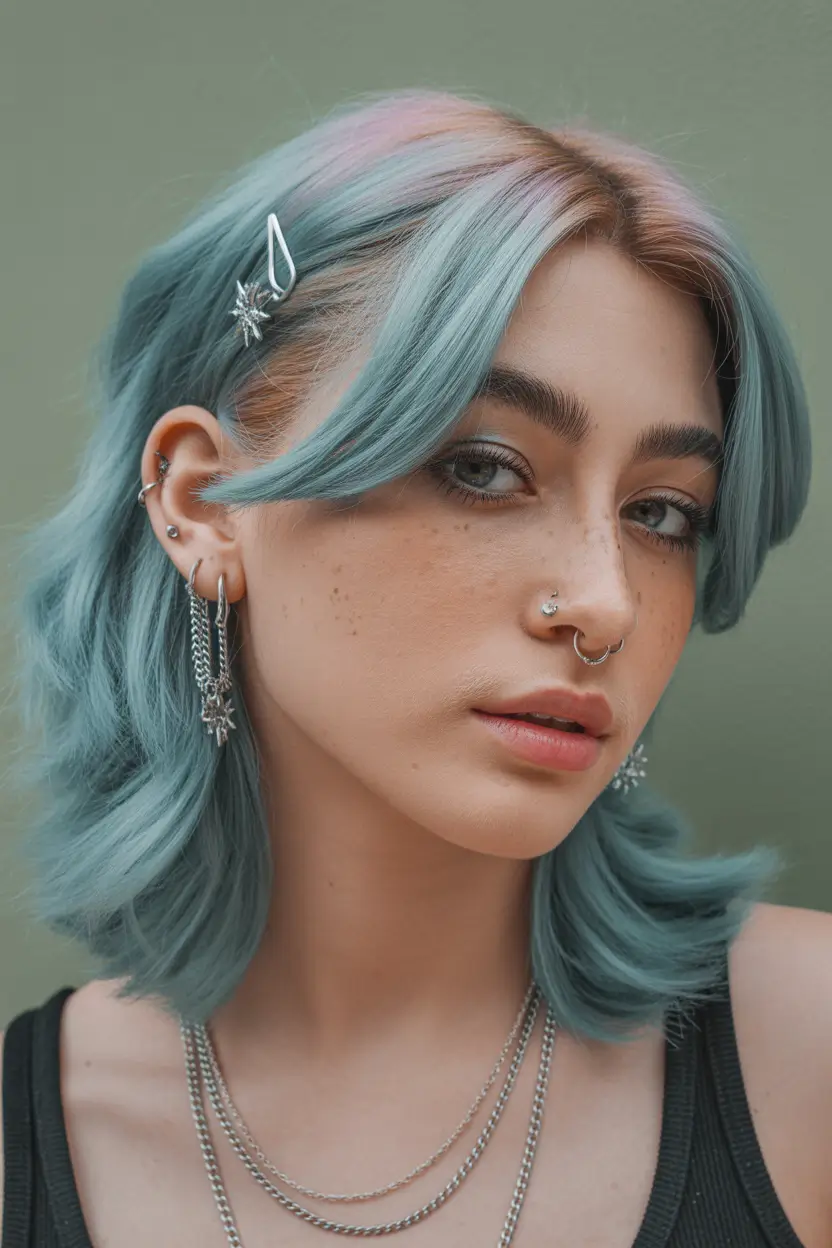 spring to summer season hairstyles ideas 2026 Pastel Blue Layered Bob With Subtle Star Clip Accent