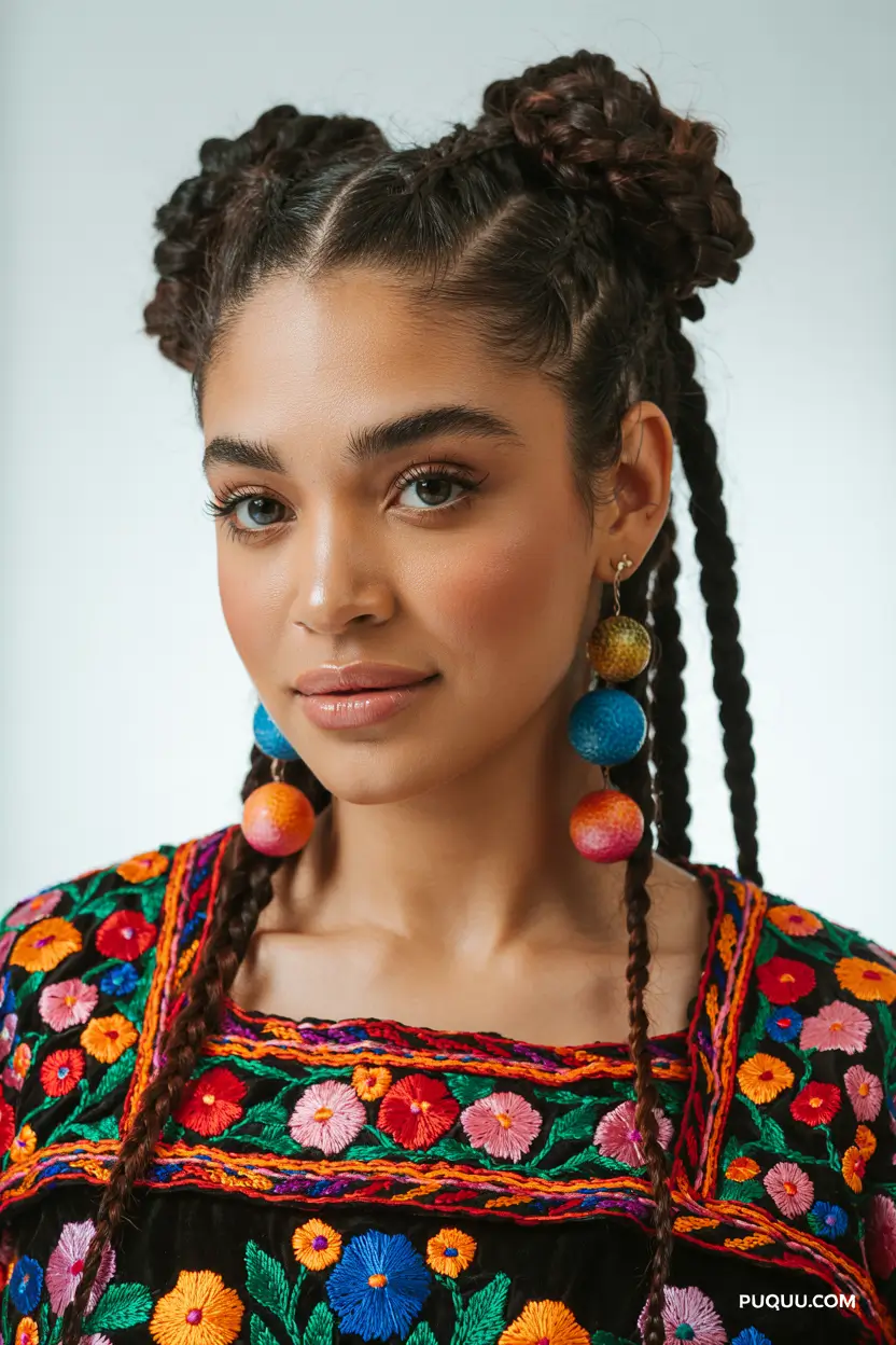 spring to summer season hairstyles ideas 2026 Playful Double Space Buns With Braided Lengths