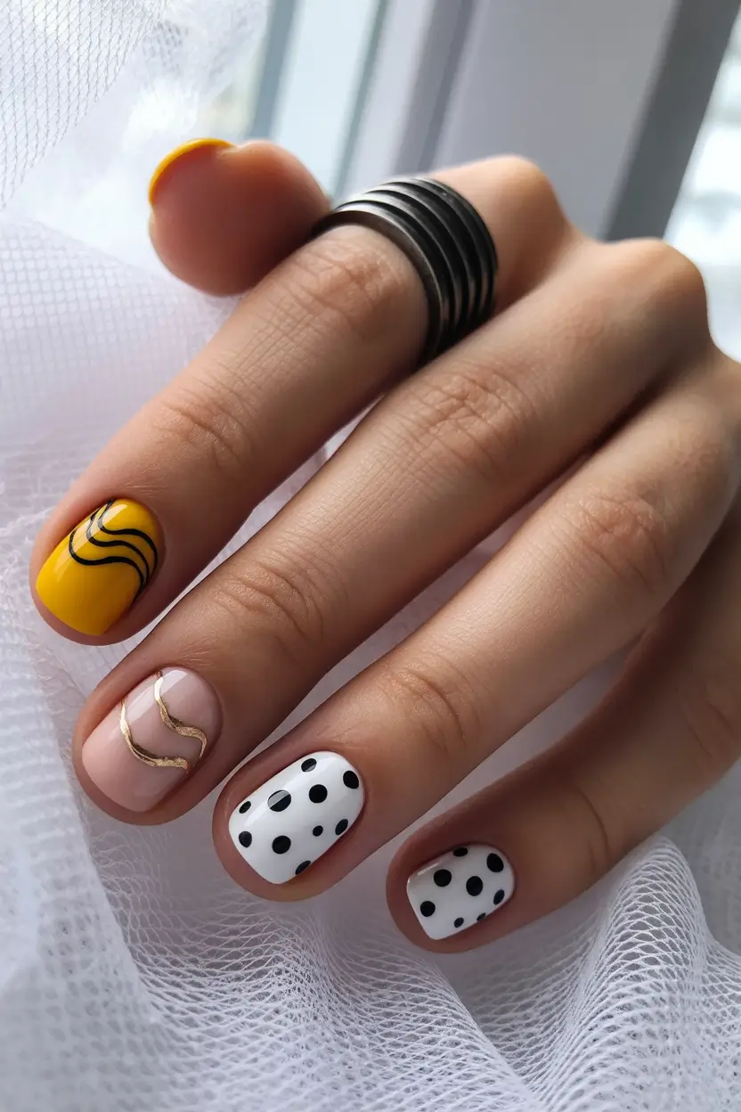 spring to summer season nail art ideas 2026 Minimal Yellow And Polka Dot Short Nails
