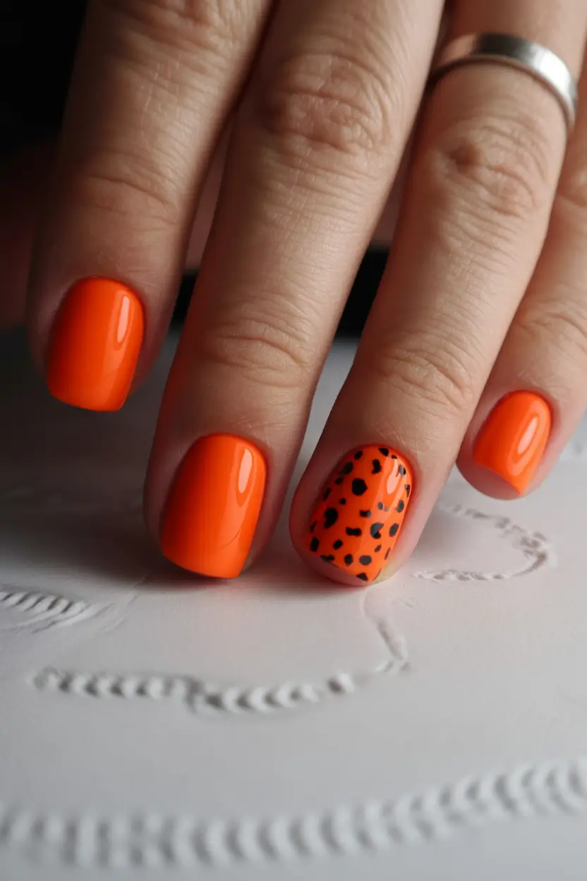 spring to summer season nail art ideas 2026 Bright Orange Minimal Nails With Playful Accent Pattern