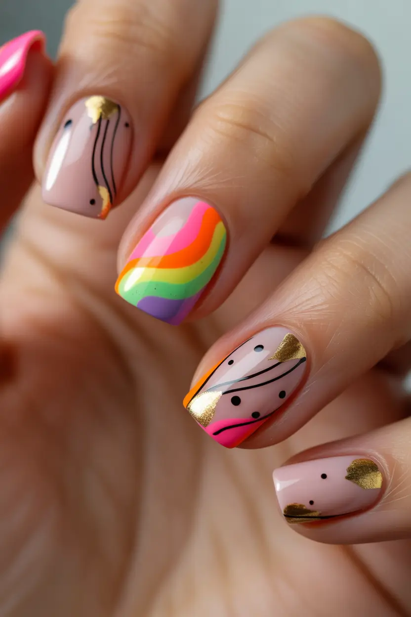 spring to summer season nail art ideas 2026 Rainbow Wave Abstract Nails With Gold Details