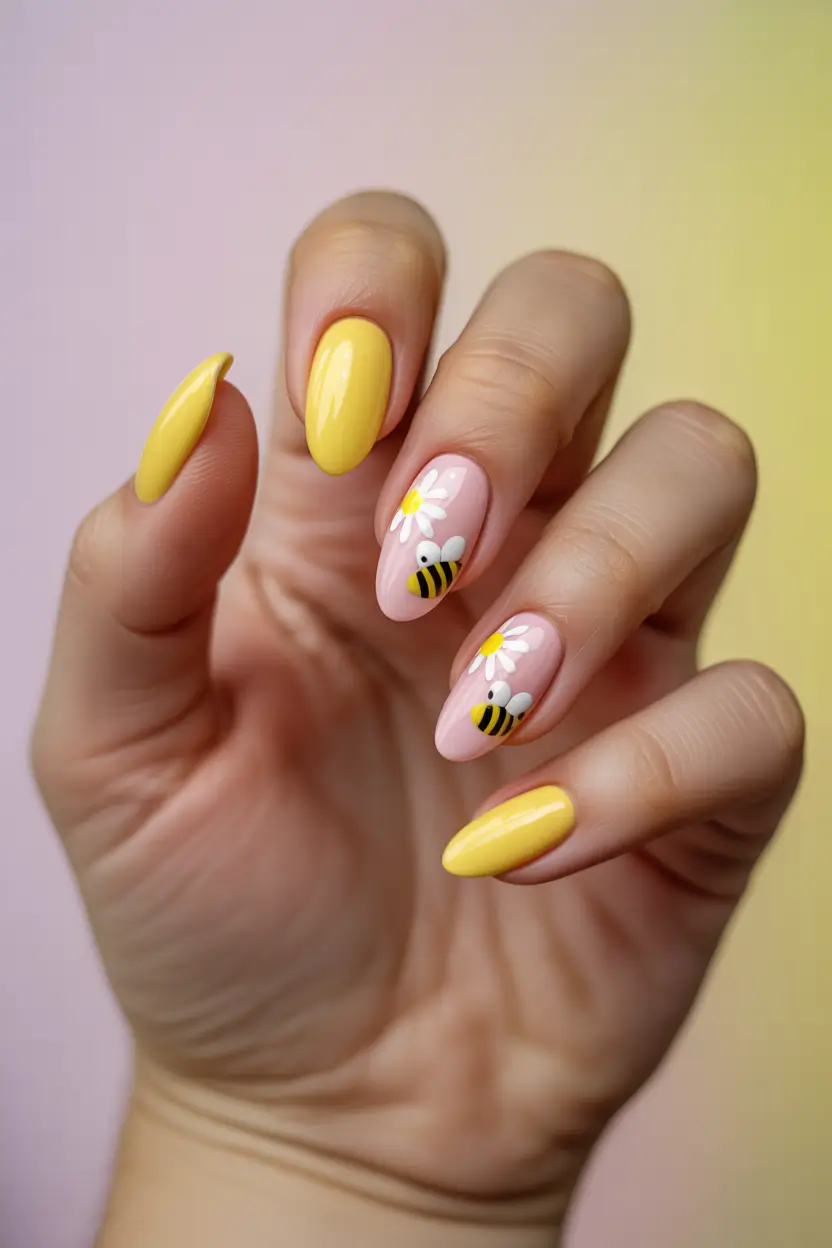 spring to summer season nail art ideas 2026 Sweet Daisy And Bee Spring Almond Nails