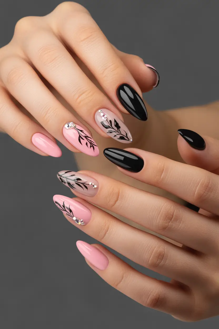 spring to summer season nail art ideas 2026 Elegant Pink And Black Botanical Almond Nails
