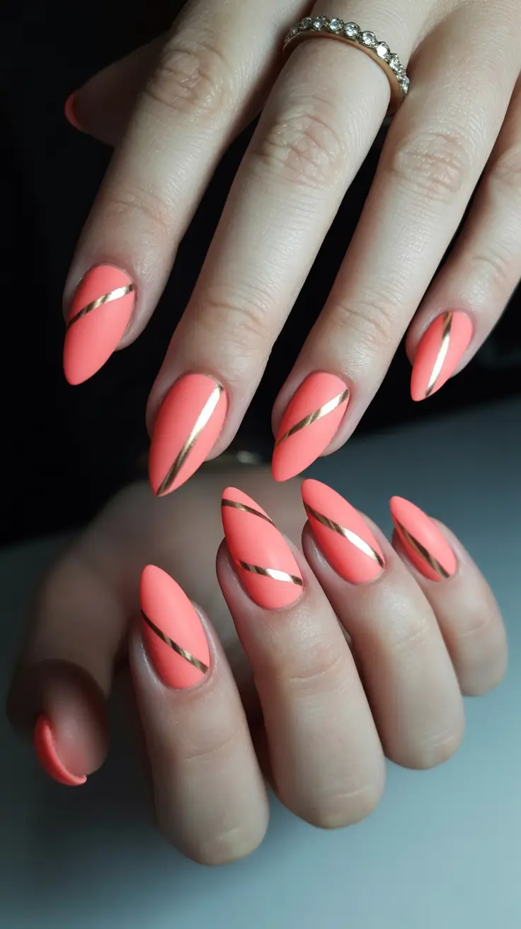 spring to summer season nail art ideas 2026 Coral Almond Nails With Elegant Gold Lines