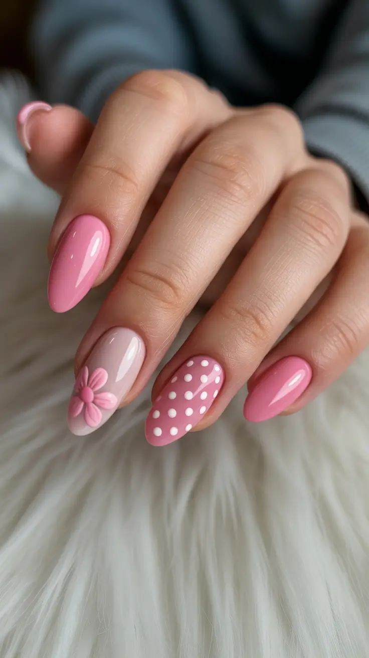 spring to summer season nail art ideas 2026 Soft Pink Floral And Polka Dot Almond Nails
