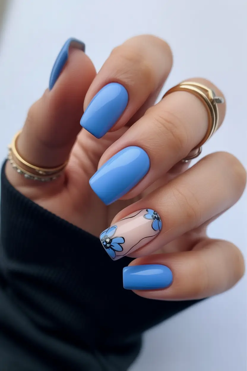 spring to summer season nail art ideas 2026 Minimal Blue Floral Accent Nails