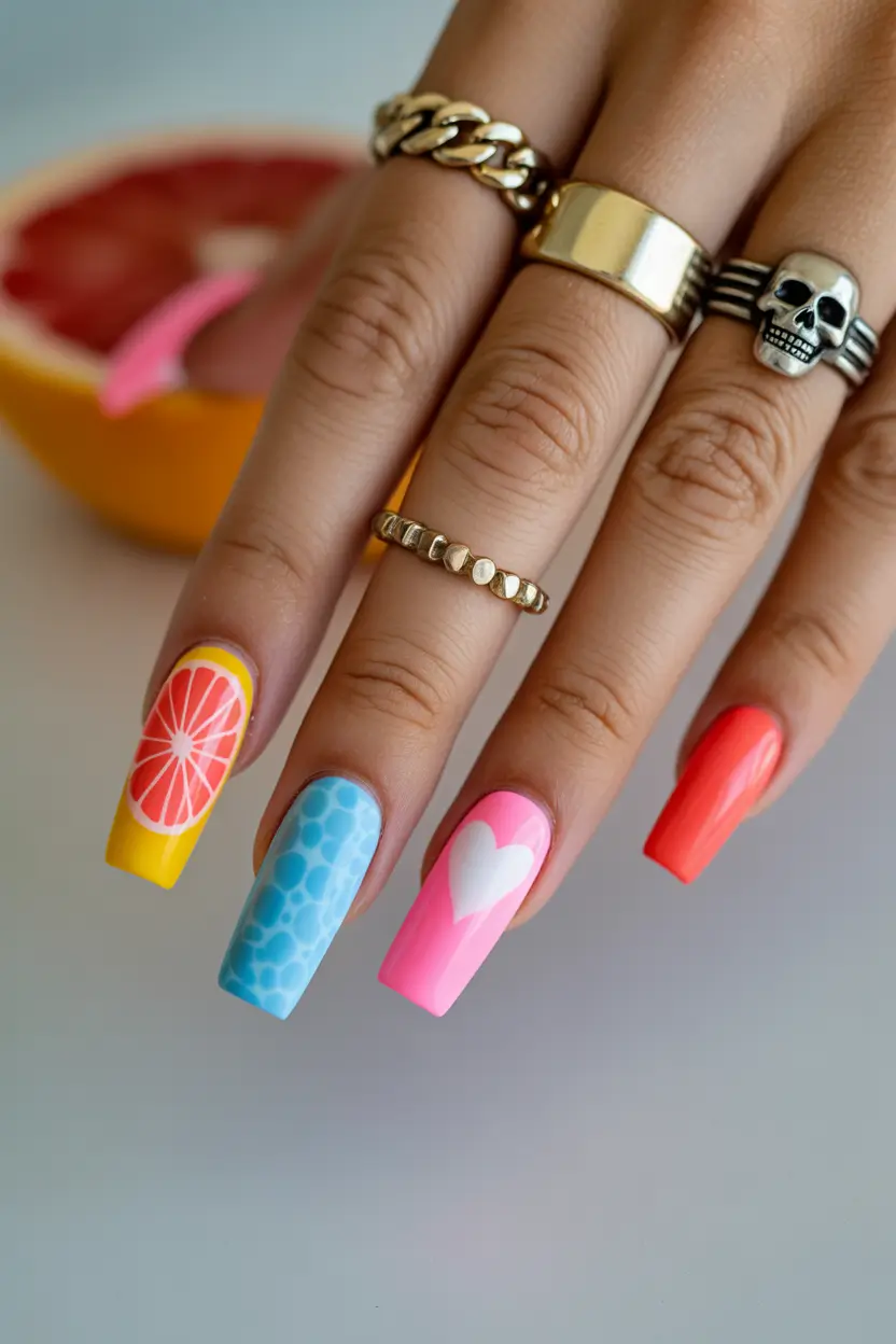 spring to summer season nail art ideas 2026 Playful Summer Fruit Pop Art Nails