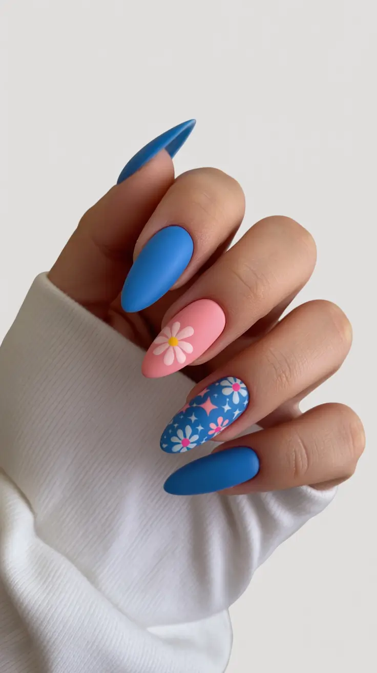spring to summer season nail art ideas 2026 Playful Blue And Pink Daisy Almond Nails