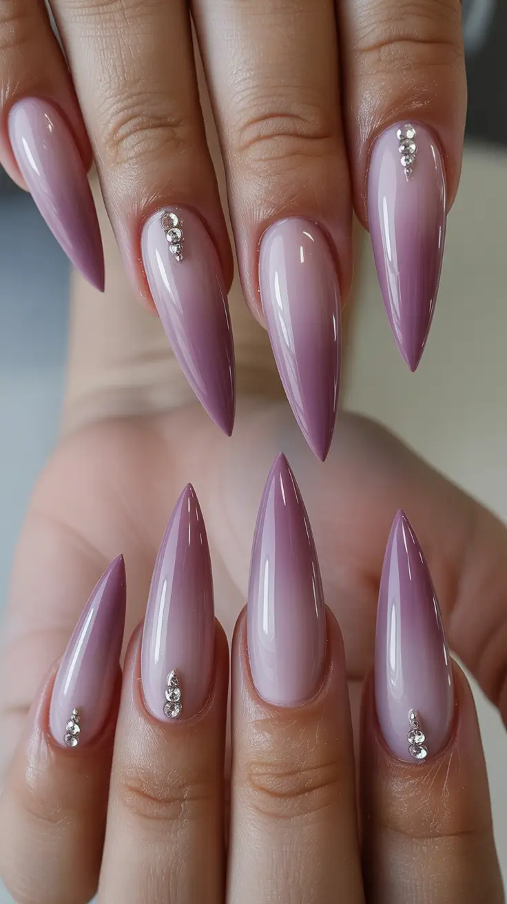 spring to summer season nail art ideas 2026 Glossy Lavender Ombre Stiletto Nails