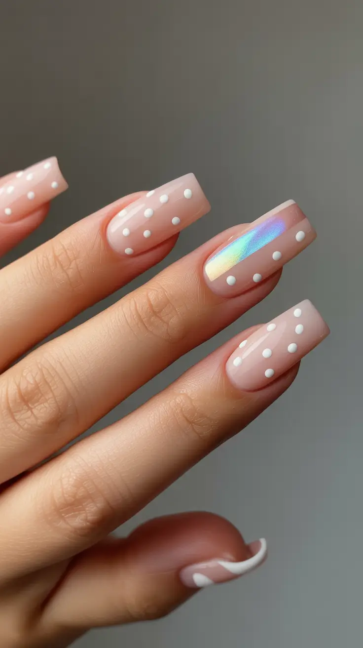 spring to summer season nail art ideas 2026 Soft Nude Polka Dot Nails With Iridescent Accent