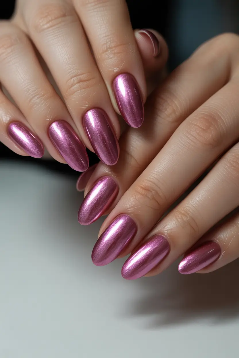 spring to summer season nail art ideas 2026 Glossy Rose Chrome Almond Nails