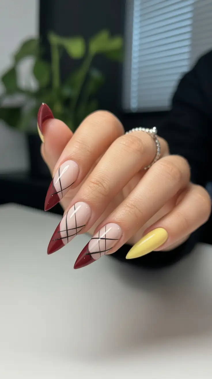 spring to summer season nail art ideas 2026 Graphic Burgundy French Almond Nails With Modern Lines