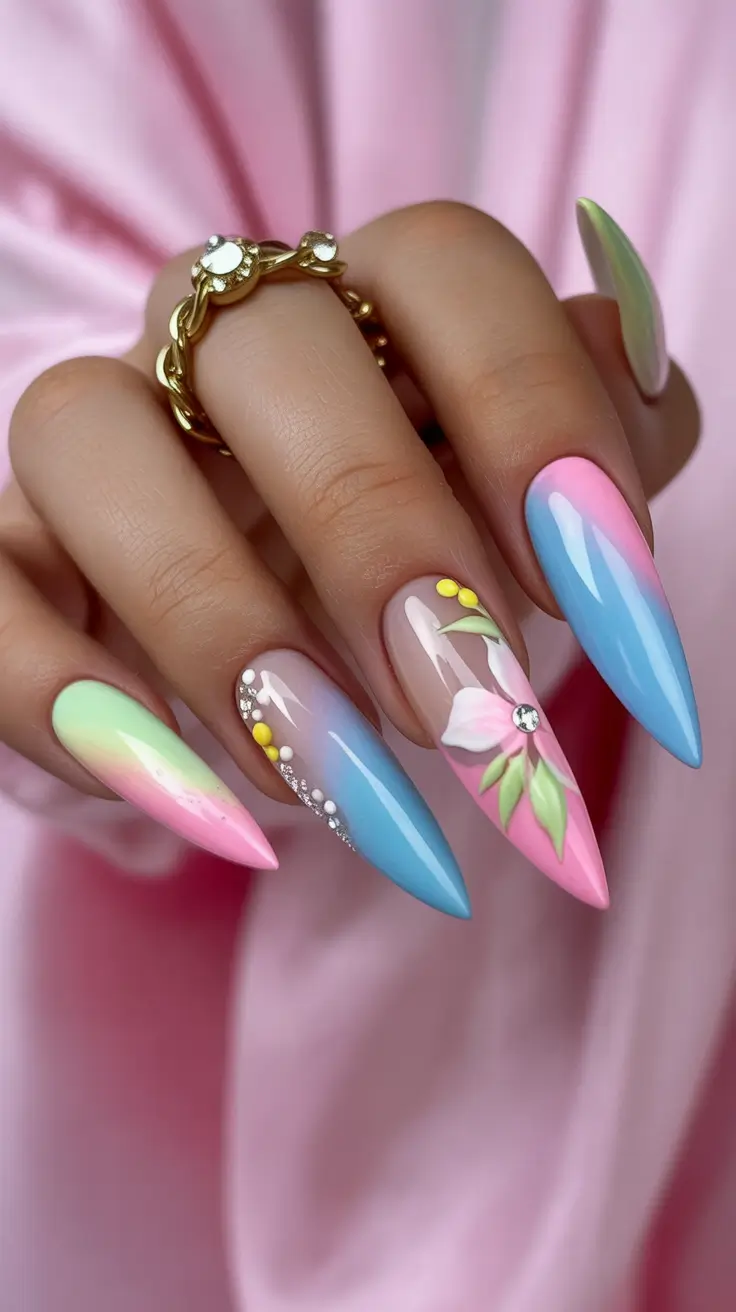 spring to summer season nail art ideas 2026 Pastel Gradient Stiletto Nails With Floral Accent