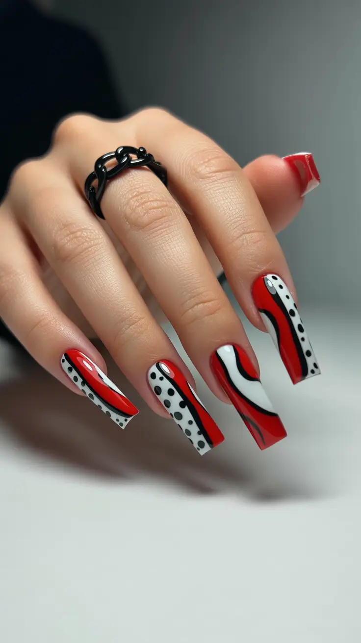 spring to summer season nail art ideas 2026 Graphic Red Pop Art Nails With Bold Contrast