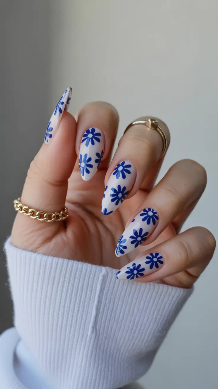 spring to summer season nail art ideas 2026 Blue Daisy Floral Almond Nails For Fresh Spring Energy