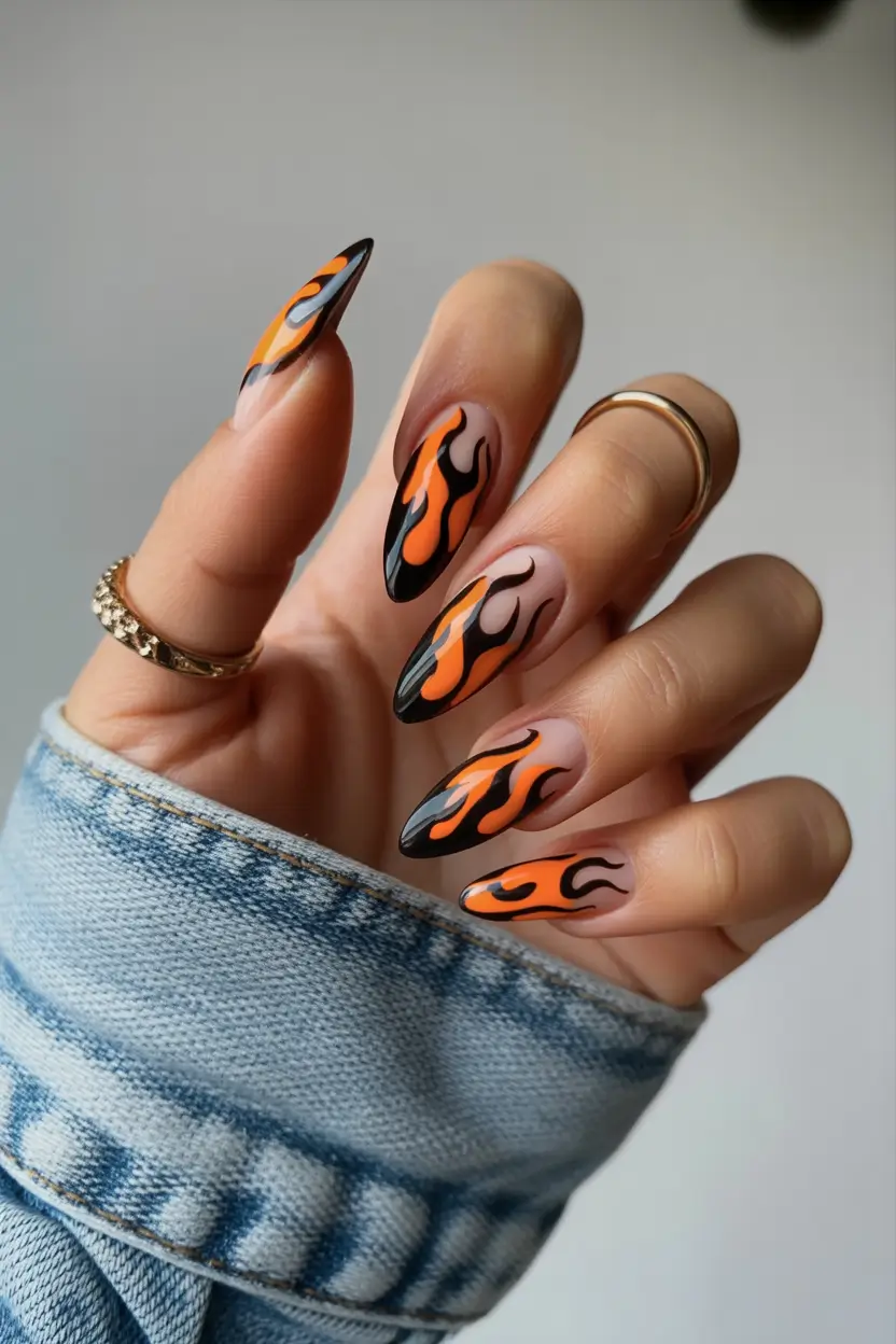 spring to summer season nail art ideas 2026 Fiery Orange Flame Almond Nails For Bold Summer Style
